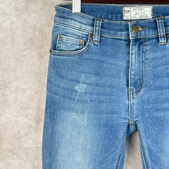 Free People Distressed Skinny Jeans Size 24 High Rise Raw Hem Frayed Ankle Denim - Picture 5 of 13